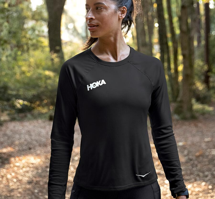 Top Hoka One One Mujer Negros - Performance Long Sleeve - MXSL56047